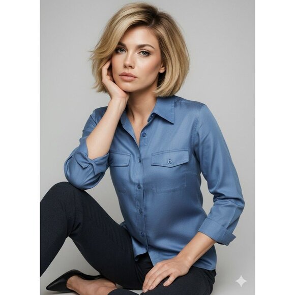 Notations Medium Blue Silk Button Blouse Coastal Minimalist Chic Resort Citycore - Picture 1 of 8